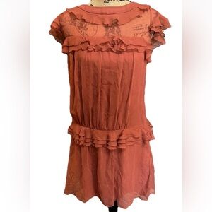 Susana Monaco Coquette Rust Orange Feminine Silk Ruffle Slip Dress Boho Size 4